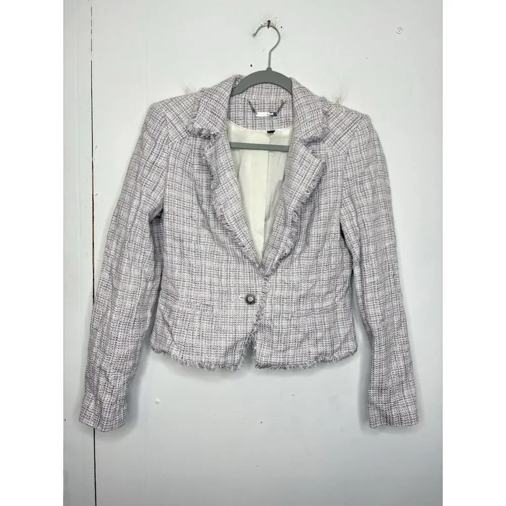 Whbm Blazer Womens 8 Tweed Fringe Cropped Feminine Girly Corpcore Lavender